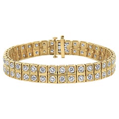 Bracelet tennis à deux rangées de maillons carrés en or jaune 10 carats avec diamants taille ronde de 8,00 carats