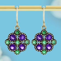 9K Yellow Gold Amethyst and Emerald Vintage Style Floral Cluster Earrings