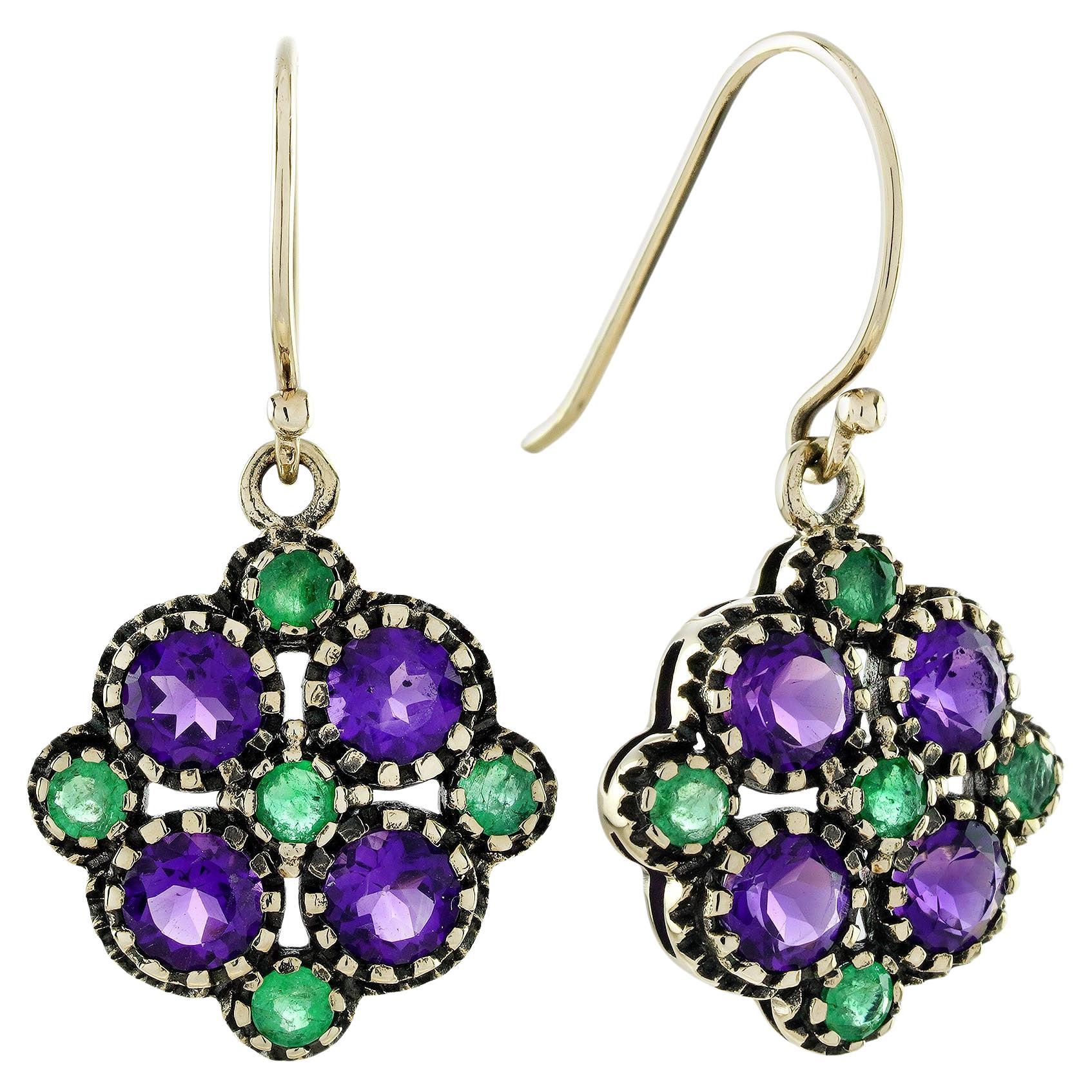 Boucles d
oreilles en or jaune 10K avec améthyste et émeraude, style vintage, grappe florale