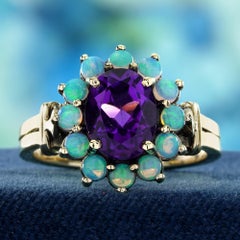 9K Yellow Gold Amethyst and Opal Vintage Style Floral Halo Ring