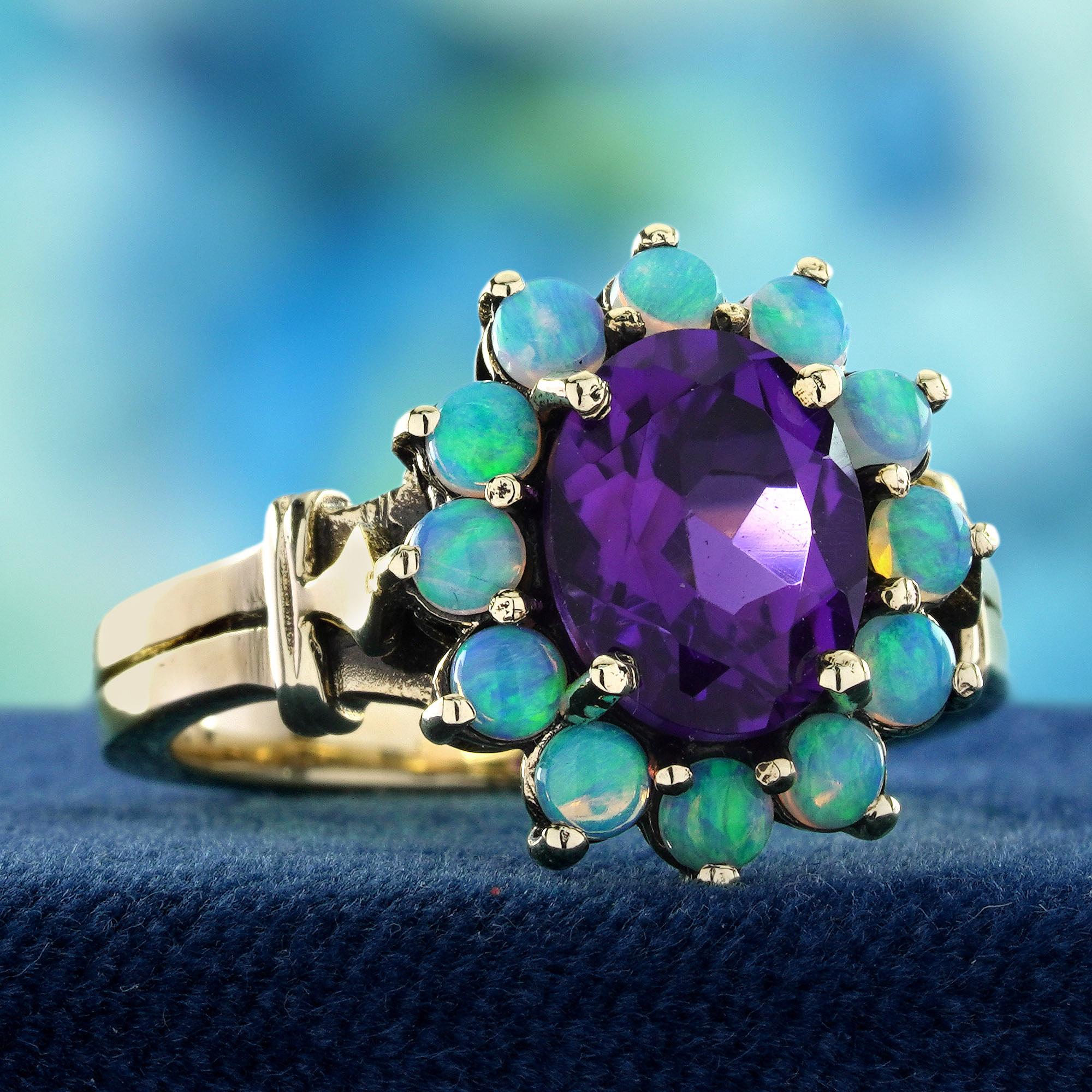 Edwardian 9K Yellow Gold Amethyst and Opal Vintage Style Floral Halo Ring For Sale