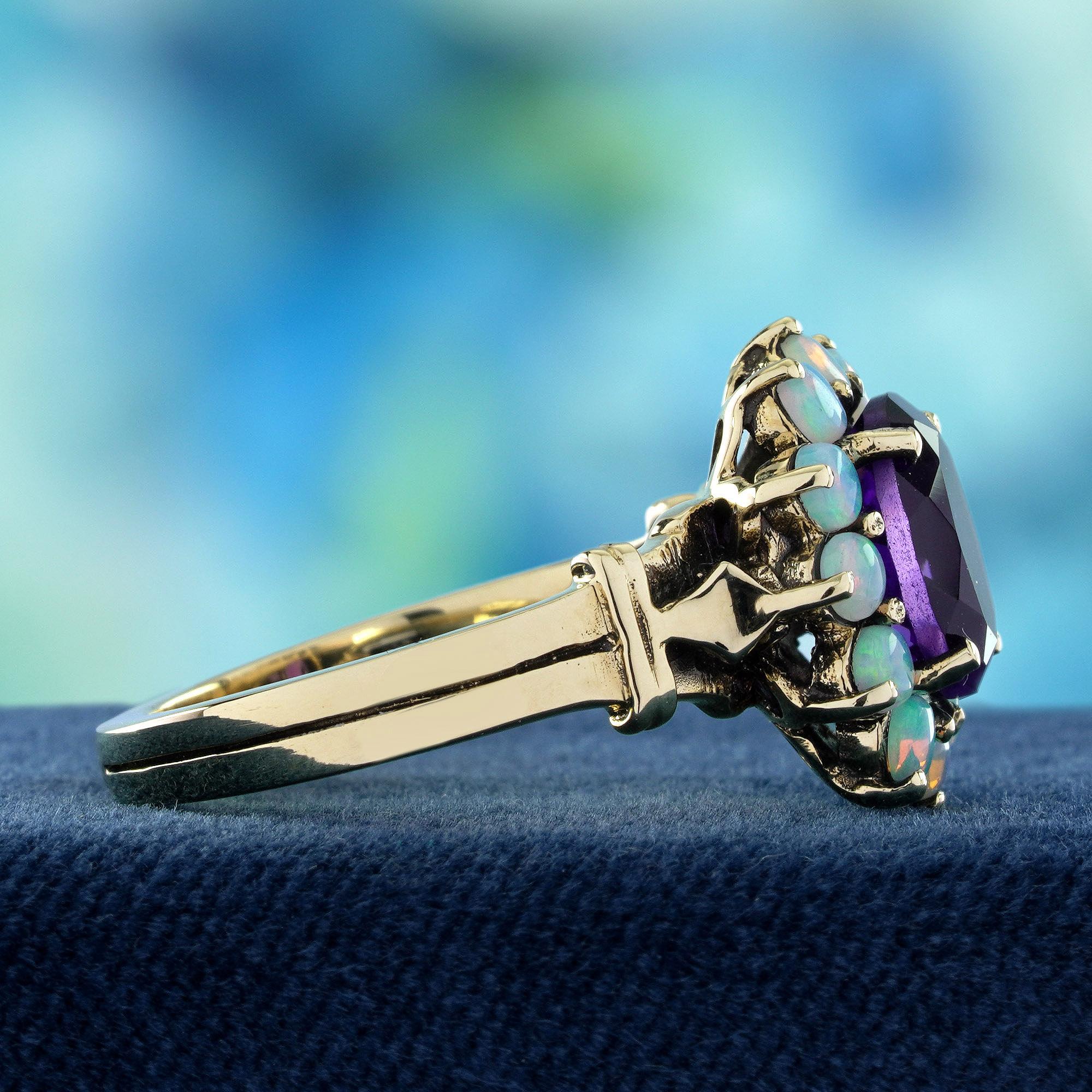 Oval Cut 9K Yellow Gold Amethyst and Opal Vintage Style Floral Halo Ring For Sale