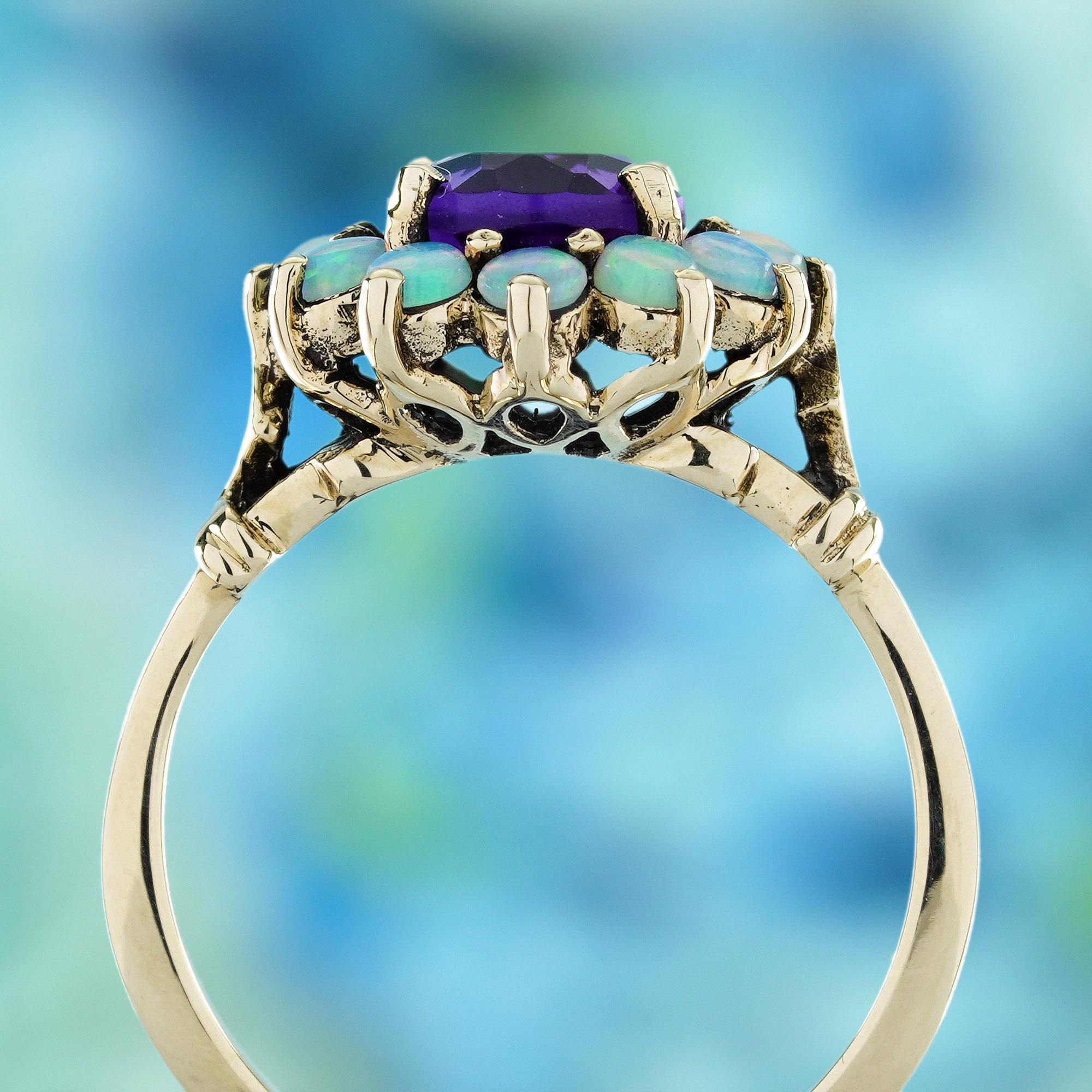 9K Yellow Gold Amethyst and Opal Vintage Style Floral Halo Ring In New Condition For Sale In Bangkok, TH