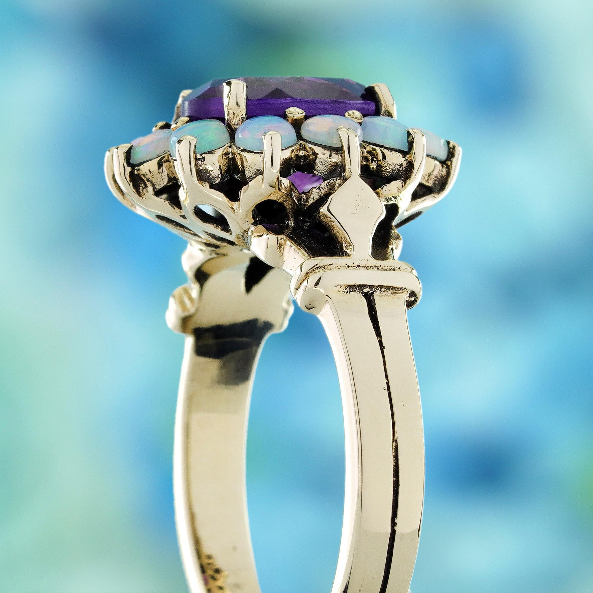 Women's 9K Yellow Gold Amethyst and Opal Vintage Style Floral Halo Ring For Sale