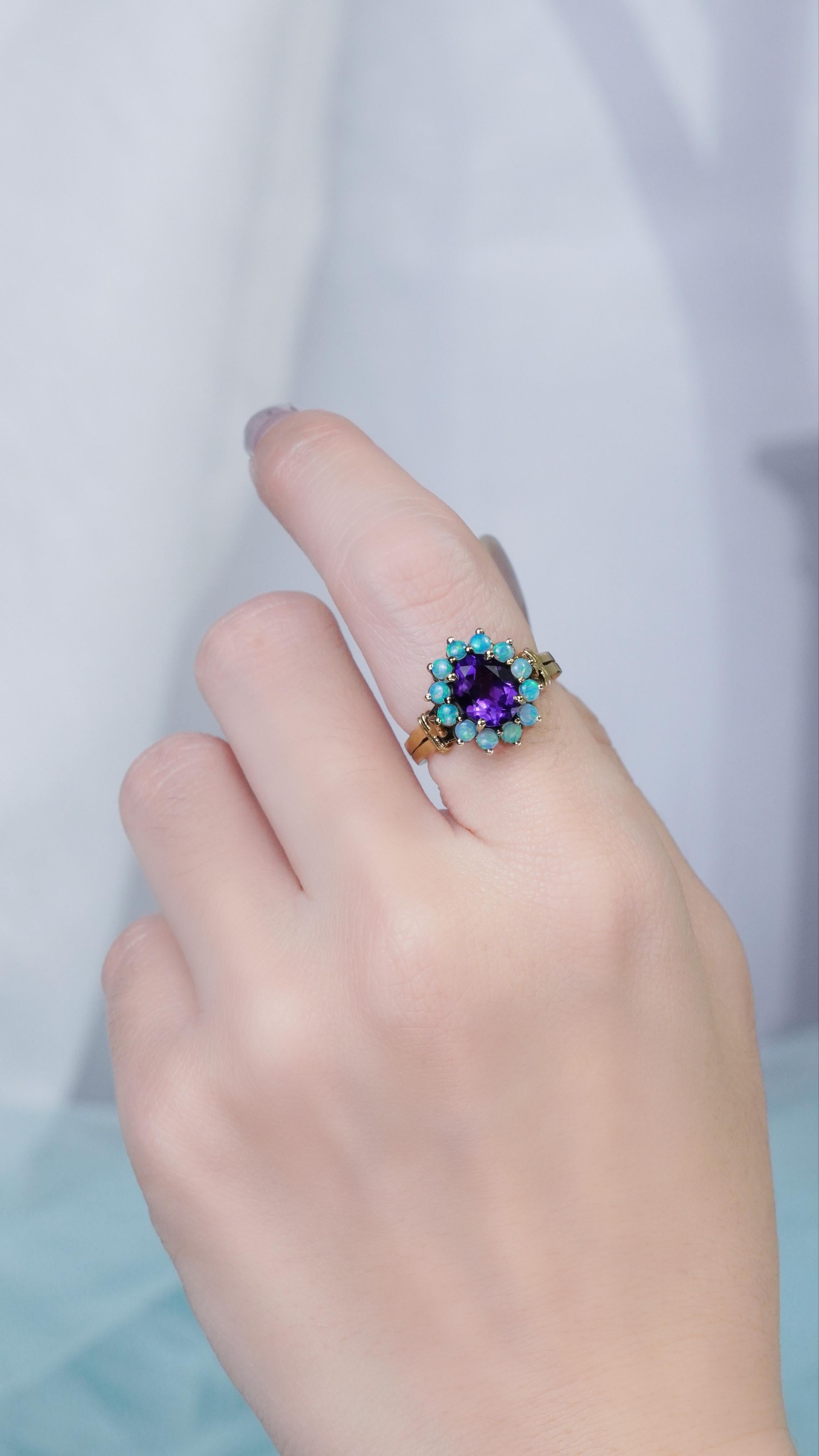 9K Yellow Gold Amethyst and Opal Vintage Style Floral Halo Ring For Sale 1