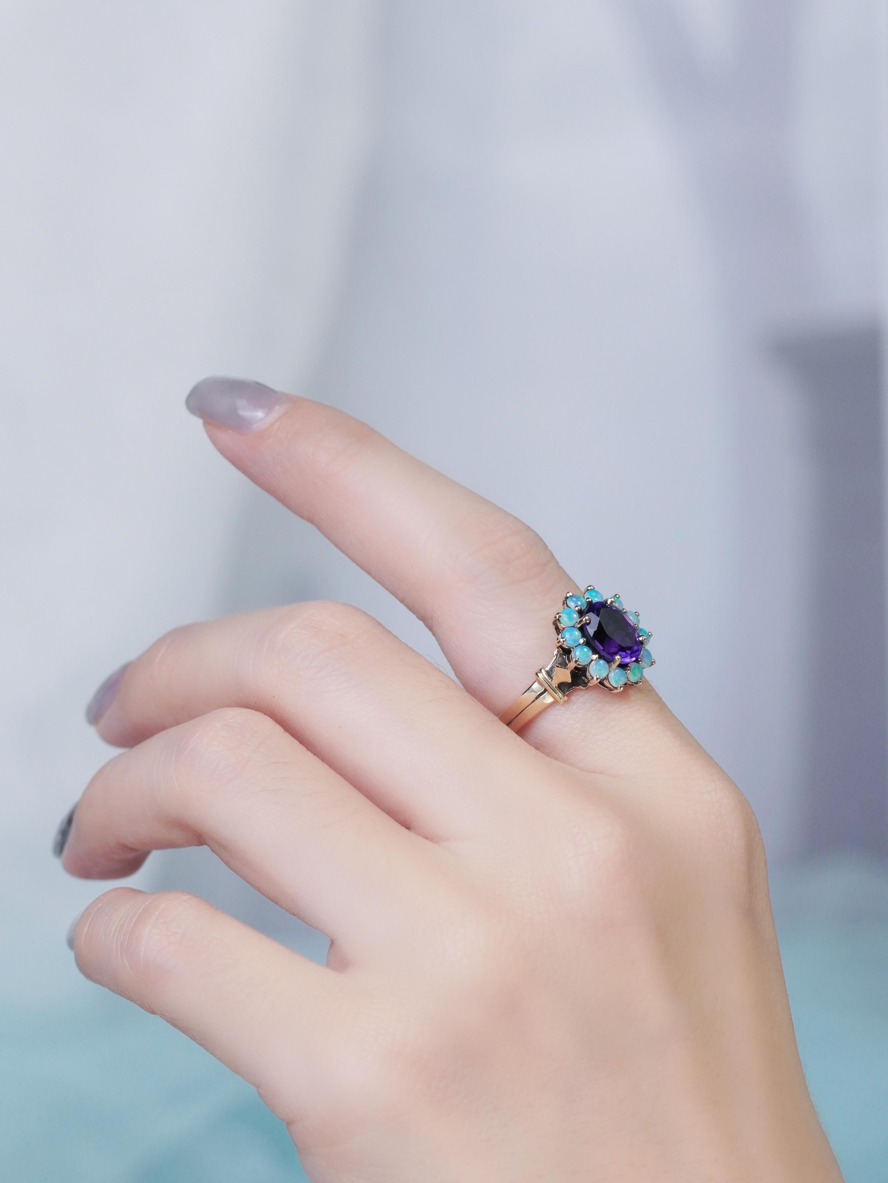 9K Yellow Gold Amethyst and Opal Vintage Style Floral Halo Ring For Sale 2