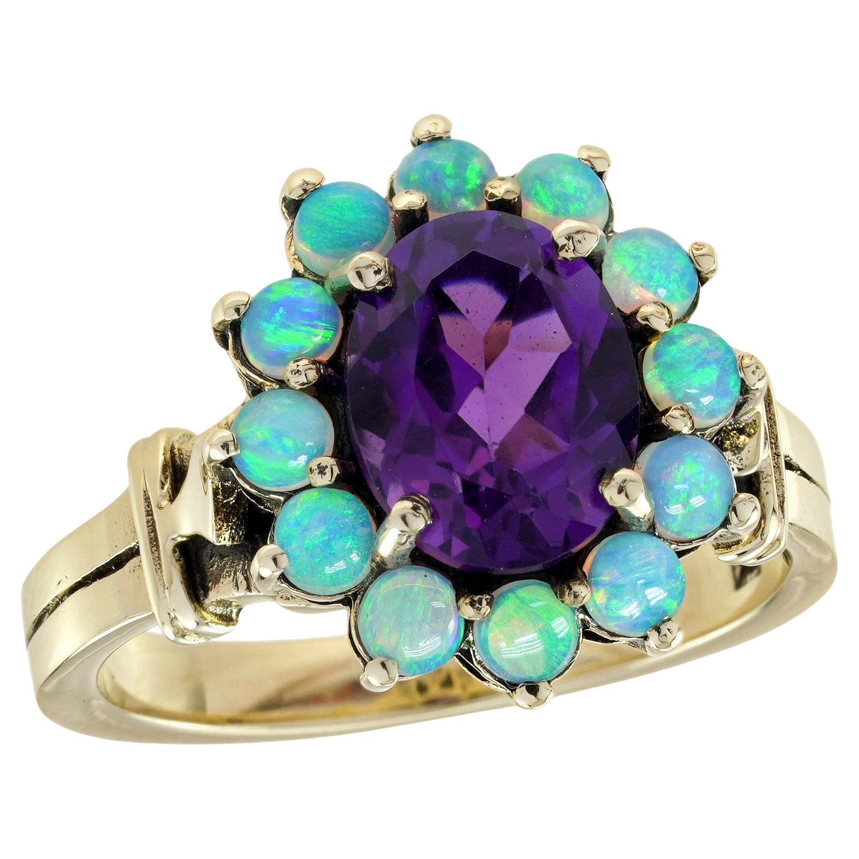 Bague en or jaune 10K avec halo floral en améthyste et opale de style vintage