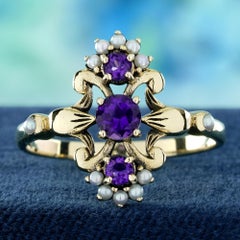 9K Yellow Gold Amethyst and Pearl Vintage Style Three Stone Ring