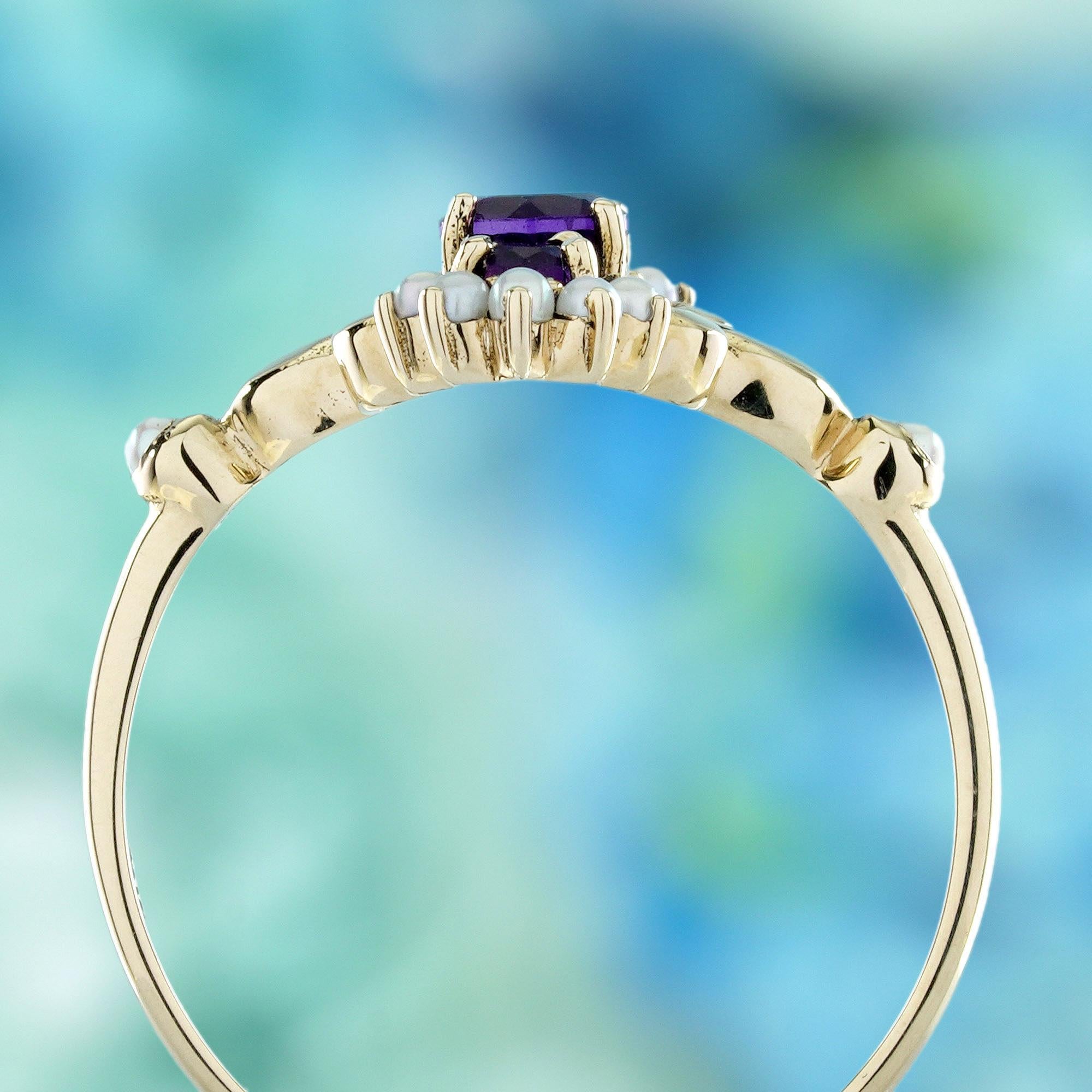 Bague à trois pierres en or jaune 10K, améthyste et perle, style vintage Neuf - En vente à Bangkok, TH