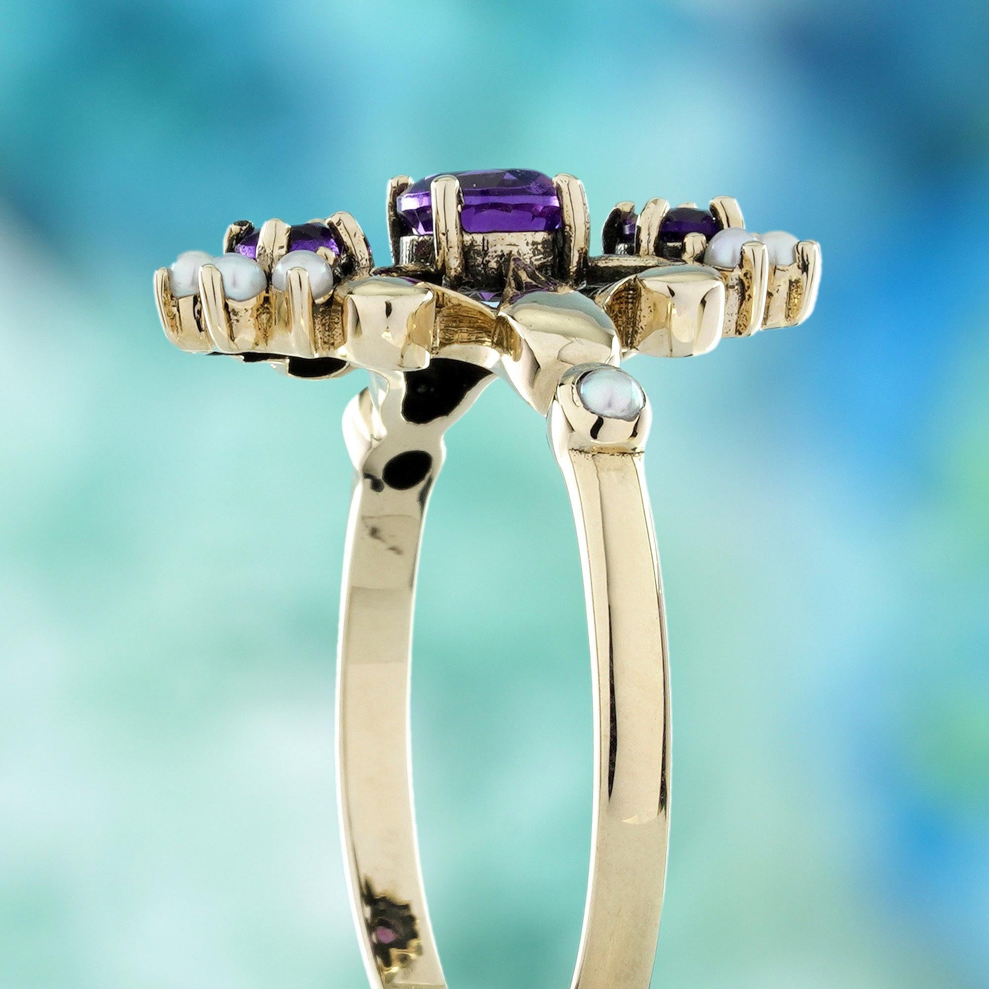 Bague à trois pierres en or jaune 10K, améthyste et perle, style vintage Pour femmes en vente