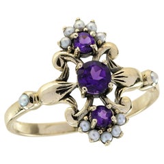 10K Yellow Gold Amethyst and Pearl Vintage Style Three Stone Ring