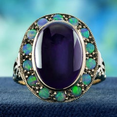 9K Yellow Gold Amethyst Cabochon and Opal Poison Ring