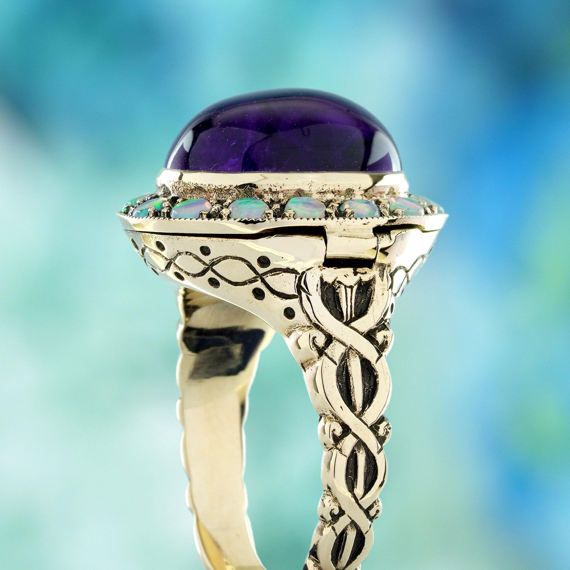 10K Gelbgold Amethyst Cabochon und Opal Poison Ring im Angebot 2