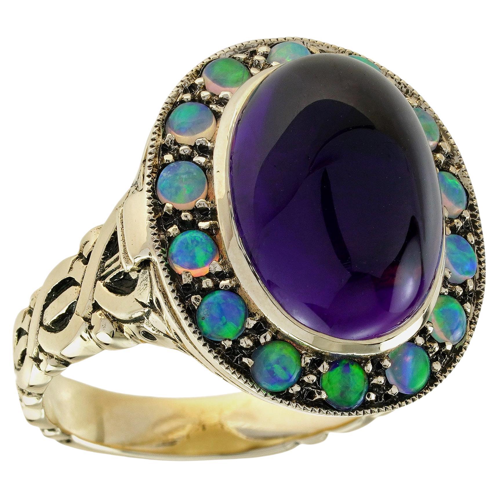 10K Yellow Gold Amethyst Cabochon and Opal Poison Ring