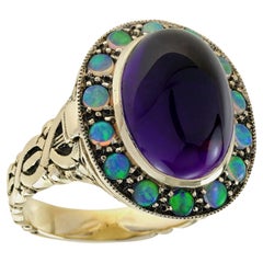 10K Yellow Gold Amethyst Cabochon and Opal Poison Ring