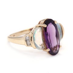 10k Yellow Gold- Amethyst-Multi Color Stone-Diamond Three-Stone Cocktail Ring