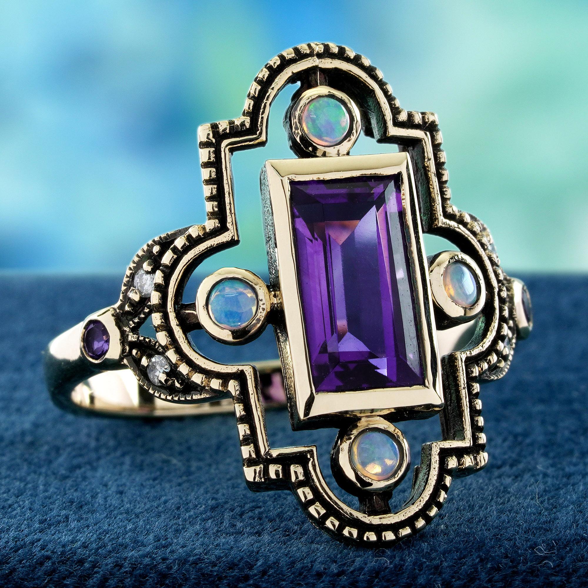 Édouardien Bague de cocktail en or jaune 10K avec améthyste, opale et diamant de style vintage en vente