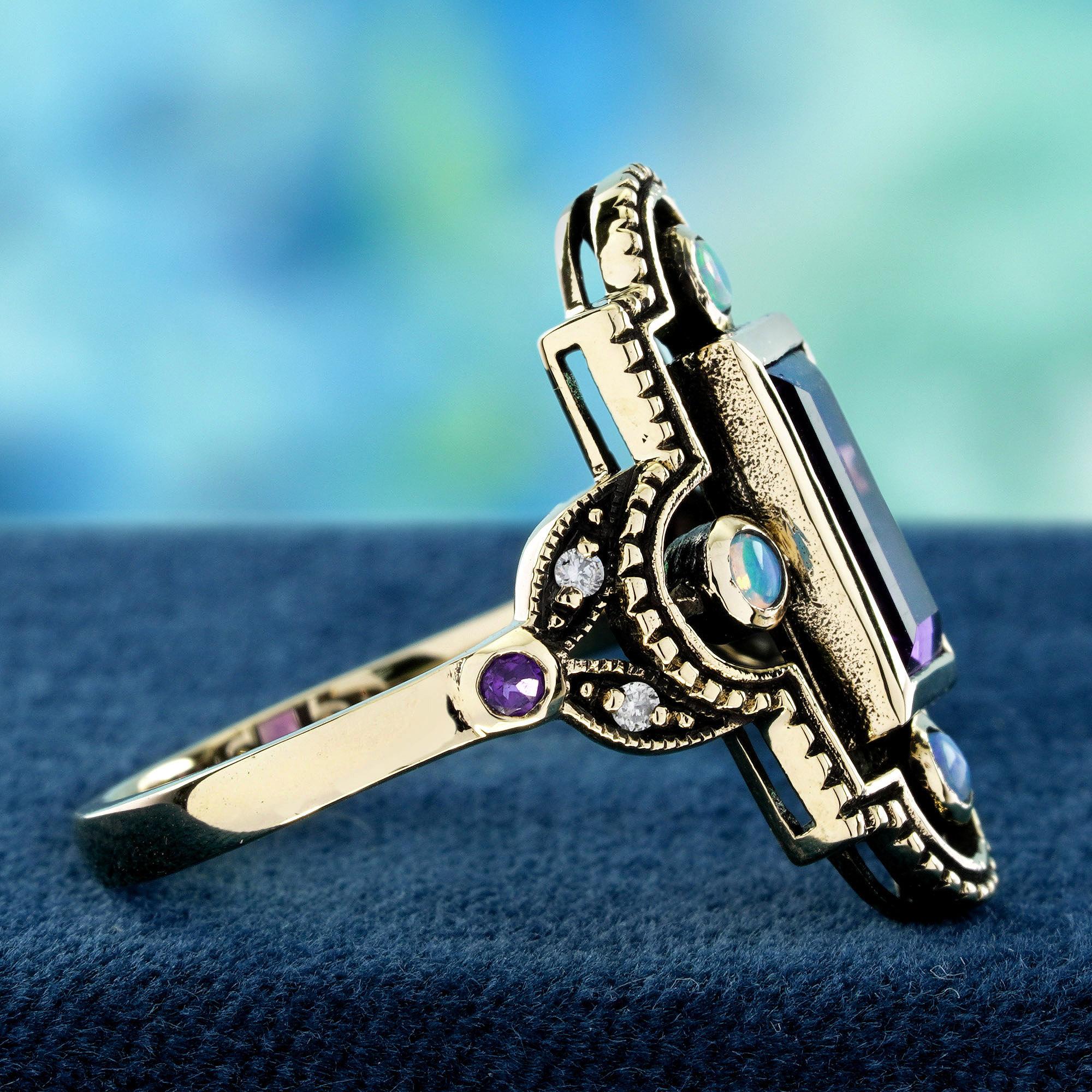 Taille ronde Bague de cocktail en or jaune 10K avec améthyste, opale et diamant de style vintage en vente