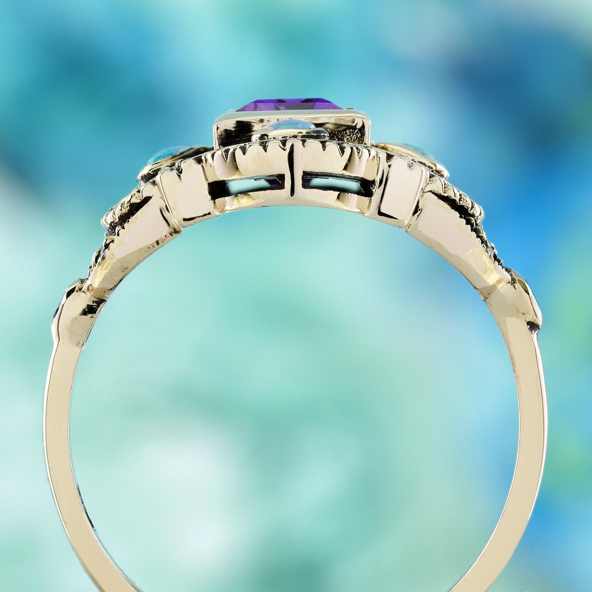 Bague de cocktail en or jaune 10K avec améthyste, opale et diamant de style vintage Neuf - En vente à Bangkok, TH