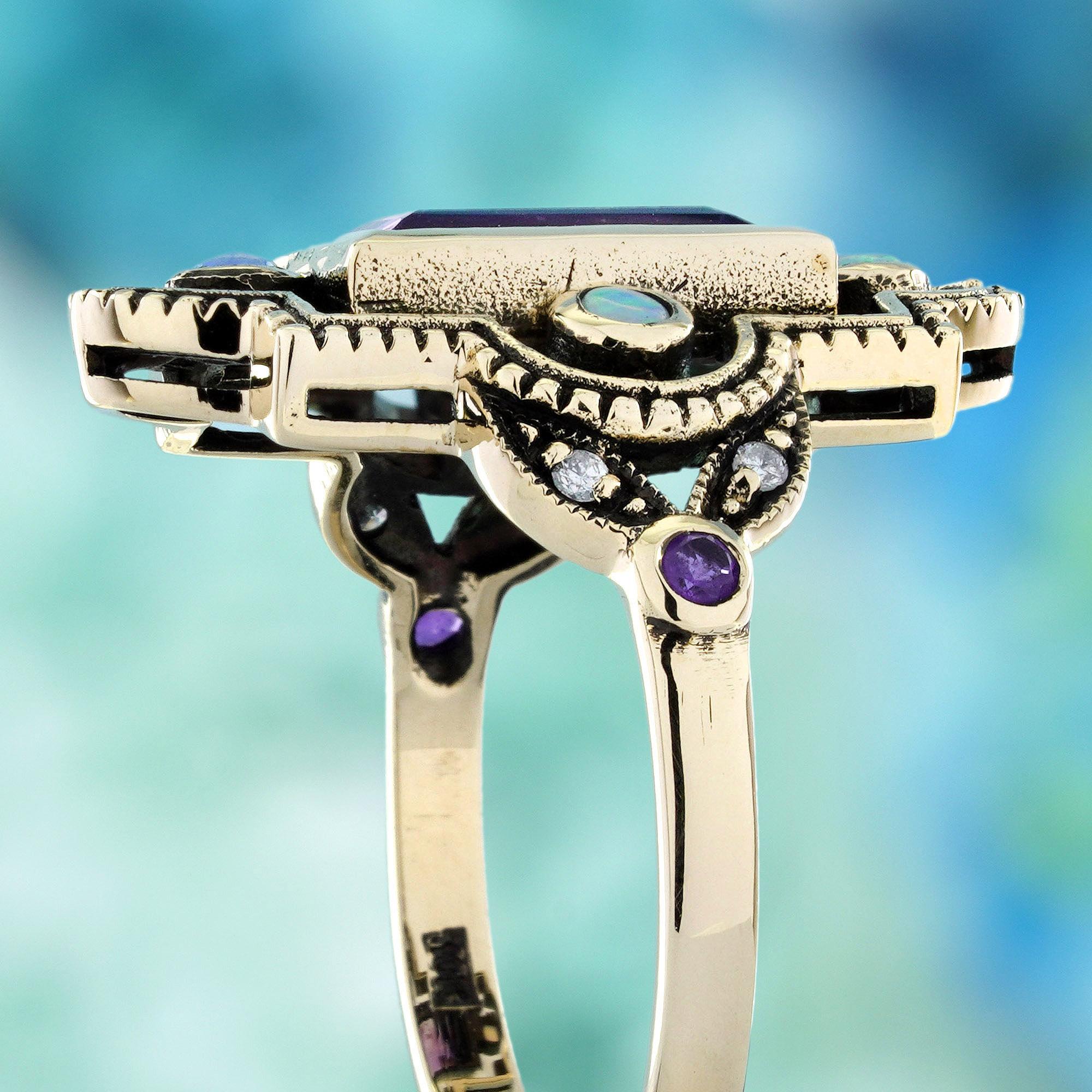 Bague de cocktail en or jaune 10K avec améthyste, opale et diamant de style vintage Pour femmes en vente