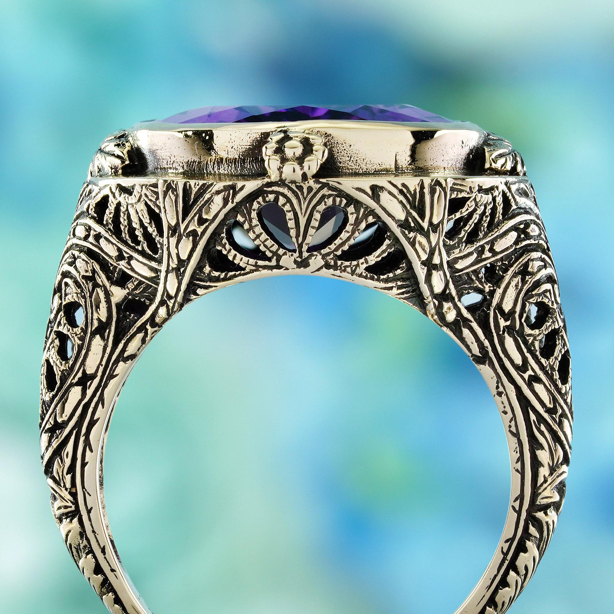 Bague de cocktail en or jaune 10K à l'améthyste de style vintage Neuf - En vente à Bangkok, TH