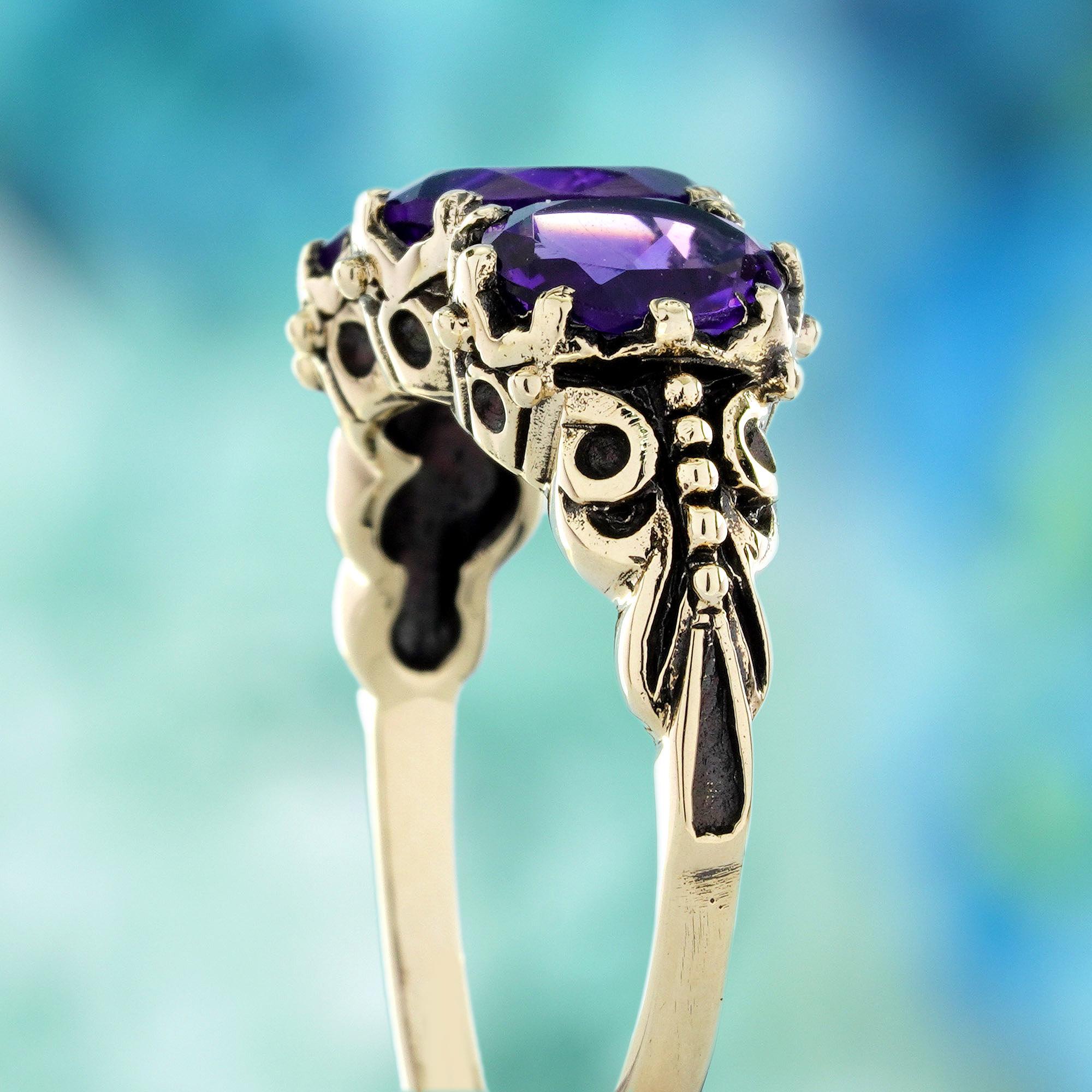 Bague à trois pierres en or jaune 10K avec améthyste, style vintage Pour femmes en vente