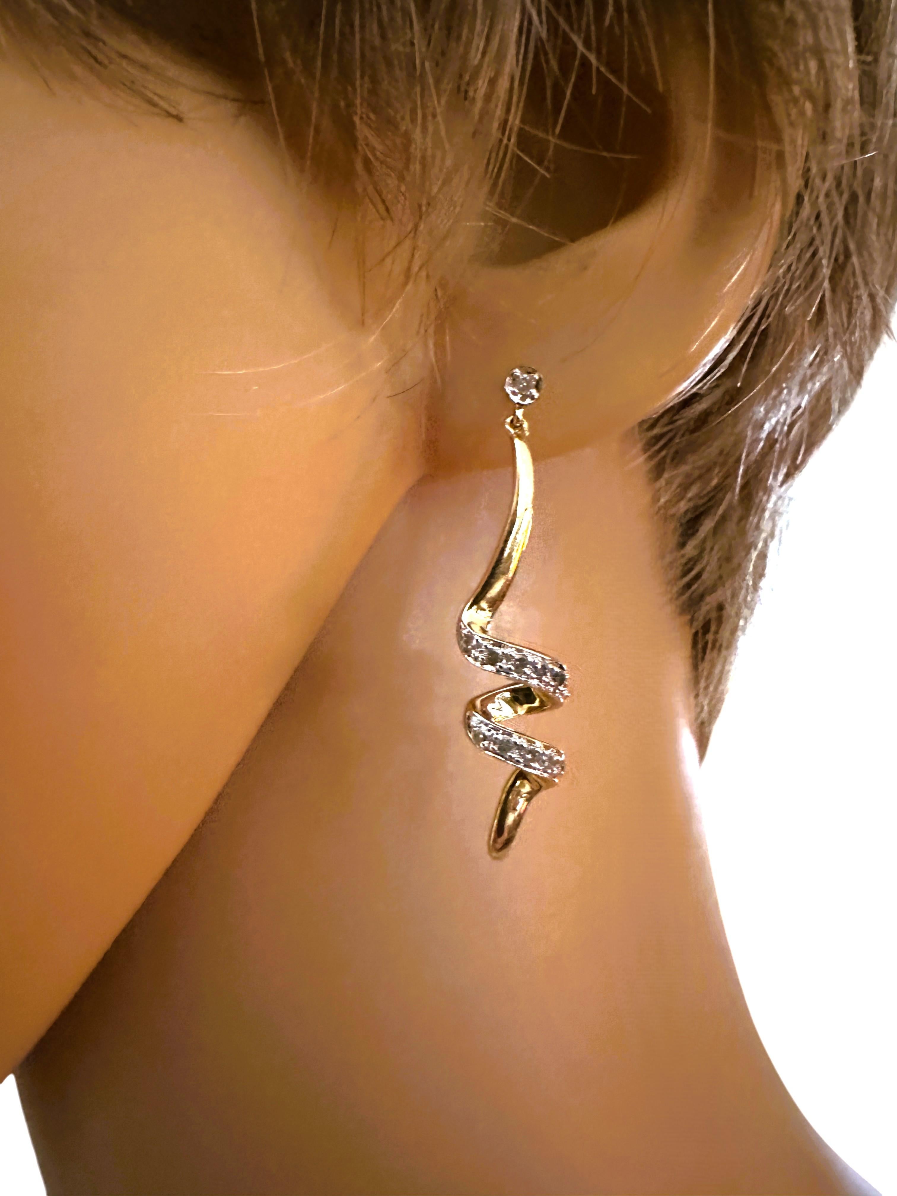 10K Yellow Gold and Diamond Swirl Dangle Post Earrings With 14k Backs In Excellent Condition For Sale In Eagan, MN