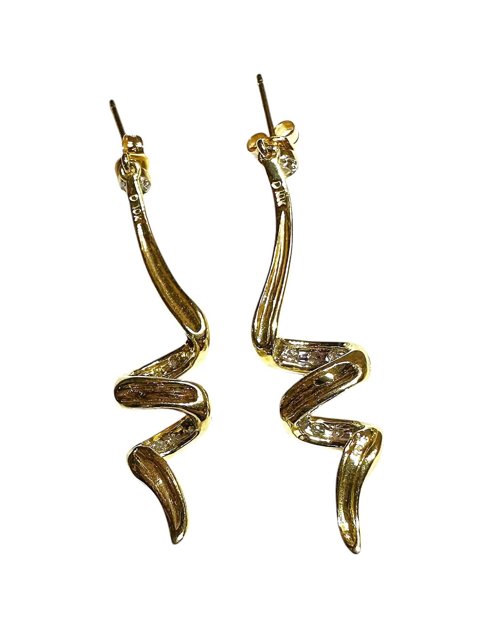 10K Yellow Gold and Diamond Swirl Dangle Post Earrings With 14k Backs For Sale 2