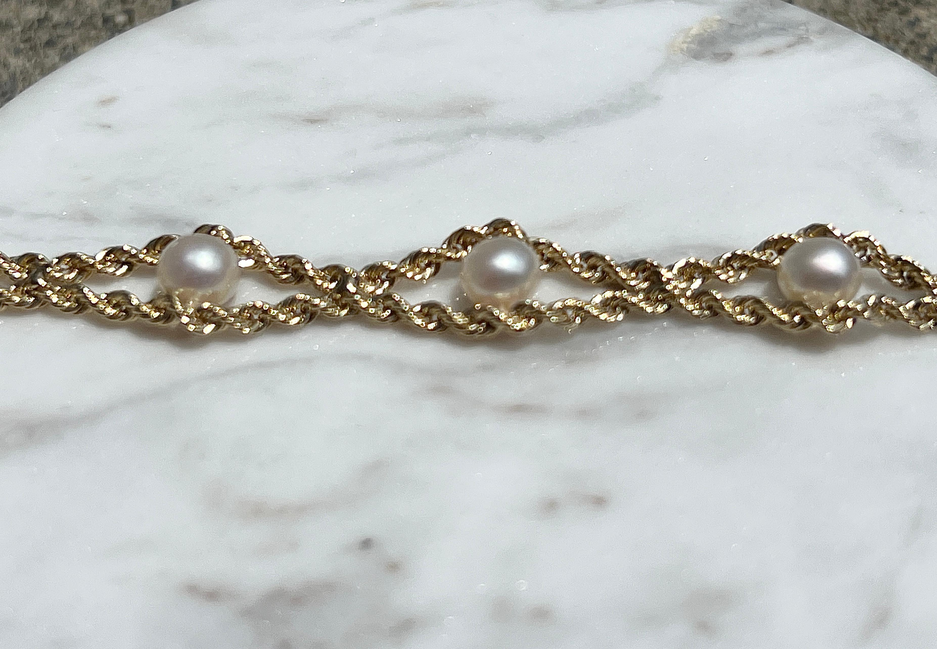 Twin Rope-Armband aus 10 Karat Gelbgold und Süßwasserperlen 5
