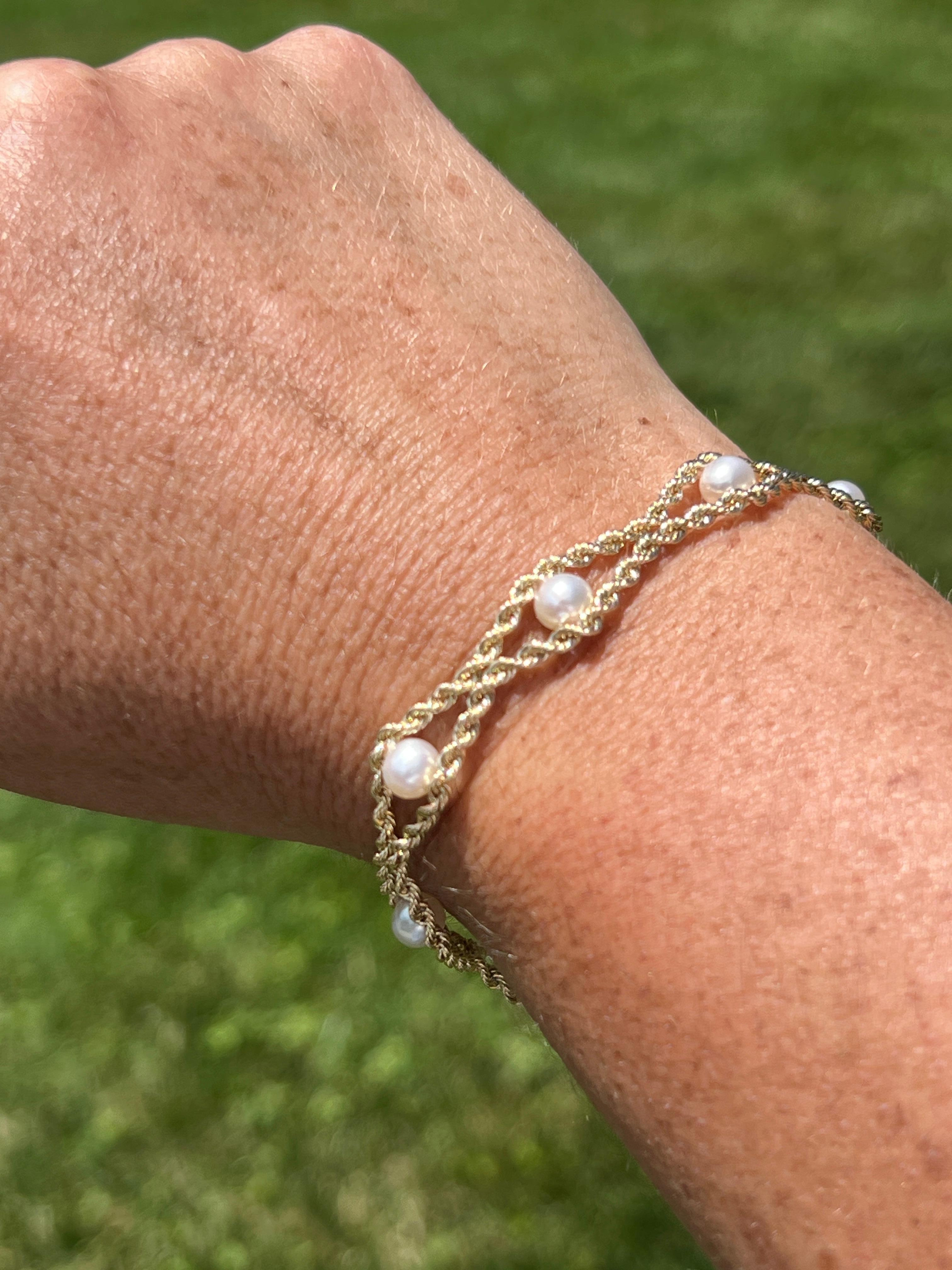 Twin Rope-Armband aus 10 Karat Gelbgold und Süßwasserperlen (Perle)