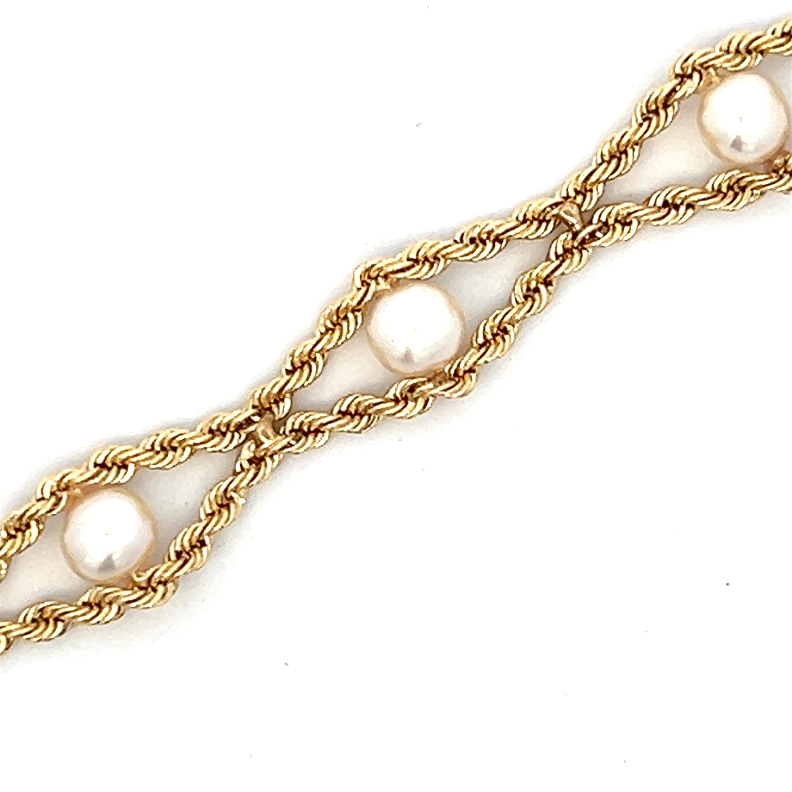 Twin Rope-Armband aus 10 Karat Gelbgold und Süßwasserperlen für Damen oder Herren