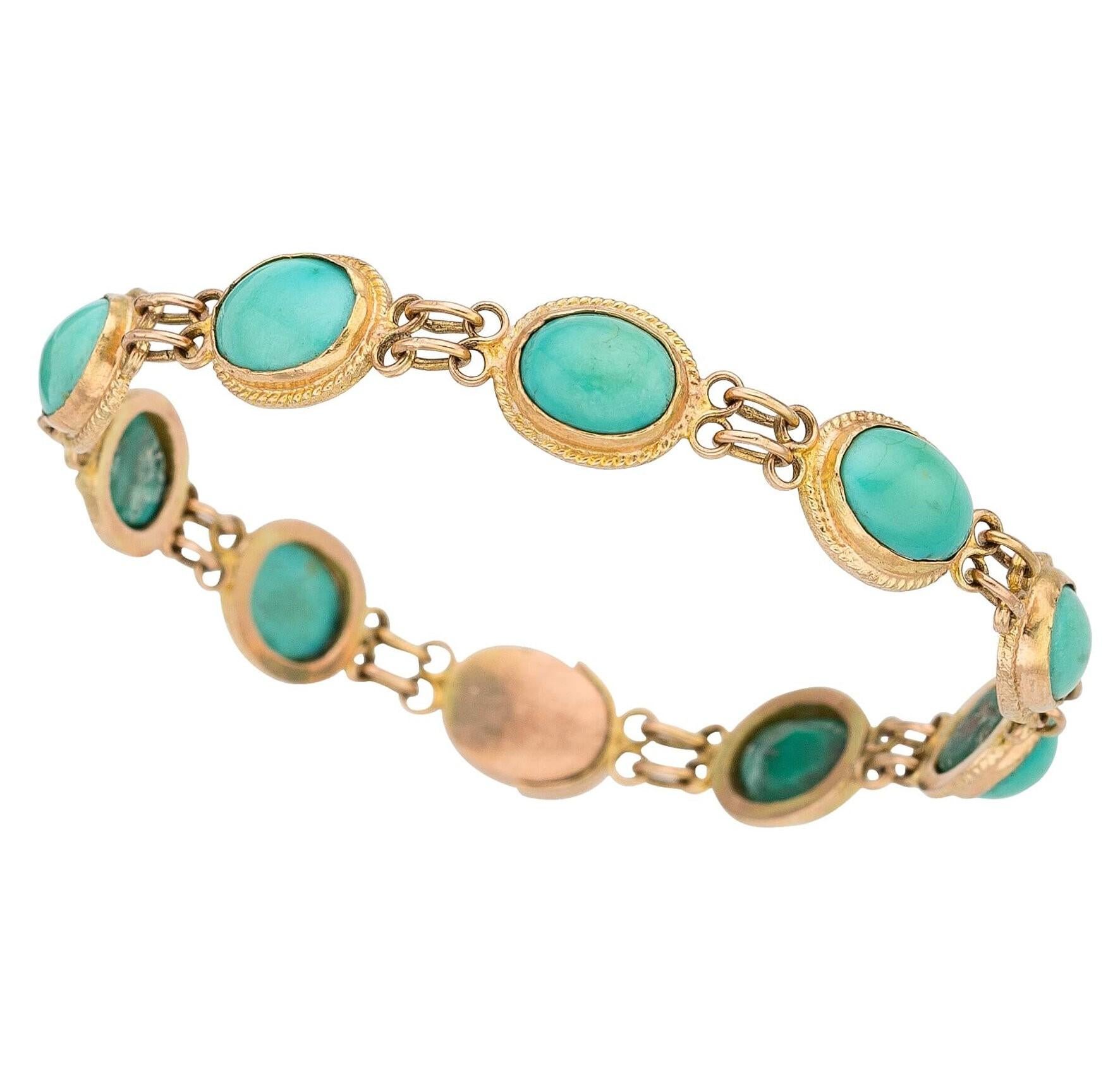 Moderne Bracelet à maillons en or jaune 10 carats et turquoise cabochon ovale, taille 7 en vente