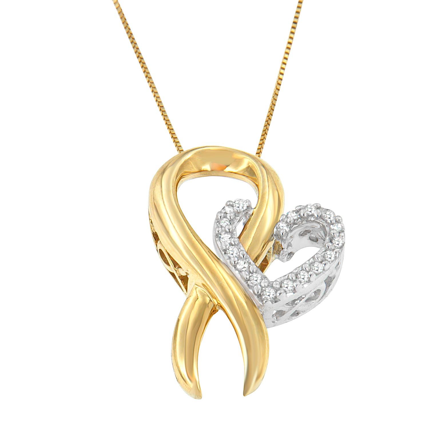 Let everyone in the party wow with this wonderful pendant. Featuring an interesting combination of heart and ribbon, this pendant is crafted of sterling silver and ten karats yellow gold. The lovely heart accent is embellished with 1/10 karats
