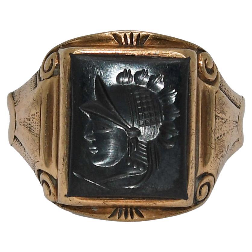 10k Yellow Gold Antique Hand Carved Hematite Soldier Ring, Size 11.75 For Sale
