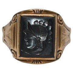 10k Yellow Gold Vintage Hand Carved Hematite Soldier Ring, Size 11.75