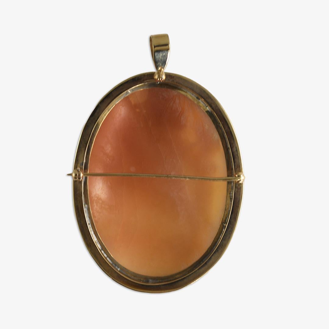 This is a unique antique Greek maiden carved shell cameo brooch or pendant.
This piece is at least 10k but up to 12k yellow gold.
The brooch/pendant measures 2.6 x 2 inches.
The carving is well done and deep with fine detail.
This piece is unique