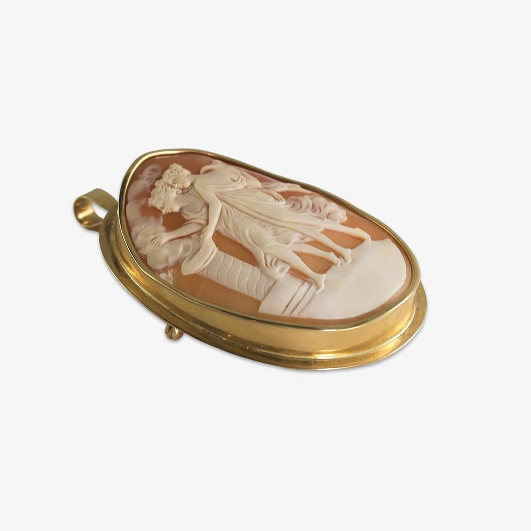 Women's or Men's 10K Yellow Gold Antique Large Carved Greek Maiden Cameo Brooch For Sale
