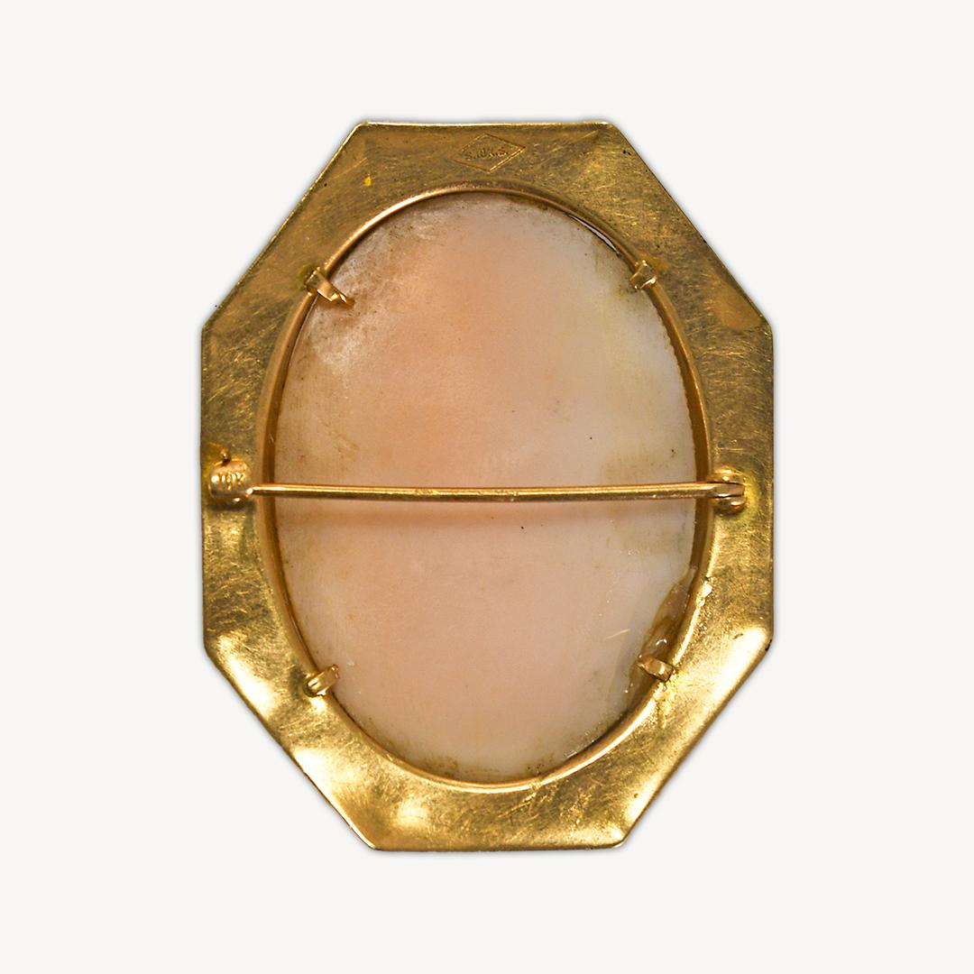 Antique shell cameo brooch with 10k yellow gold bezel.
The gold bezel is stamped 10k.
The brooch weighs 11.9 grams gross weight.
Hand carved out of conch shell.
The color is mostly white with some light pink in the background.
There is an edge chip
