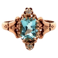 Antique 10k Yellow Gold Aquamarine & Diamond Victorian Ring