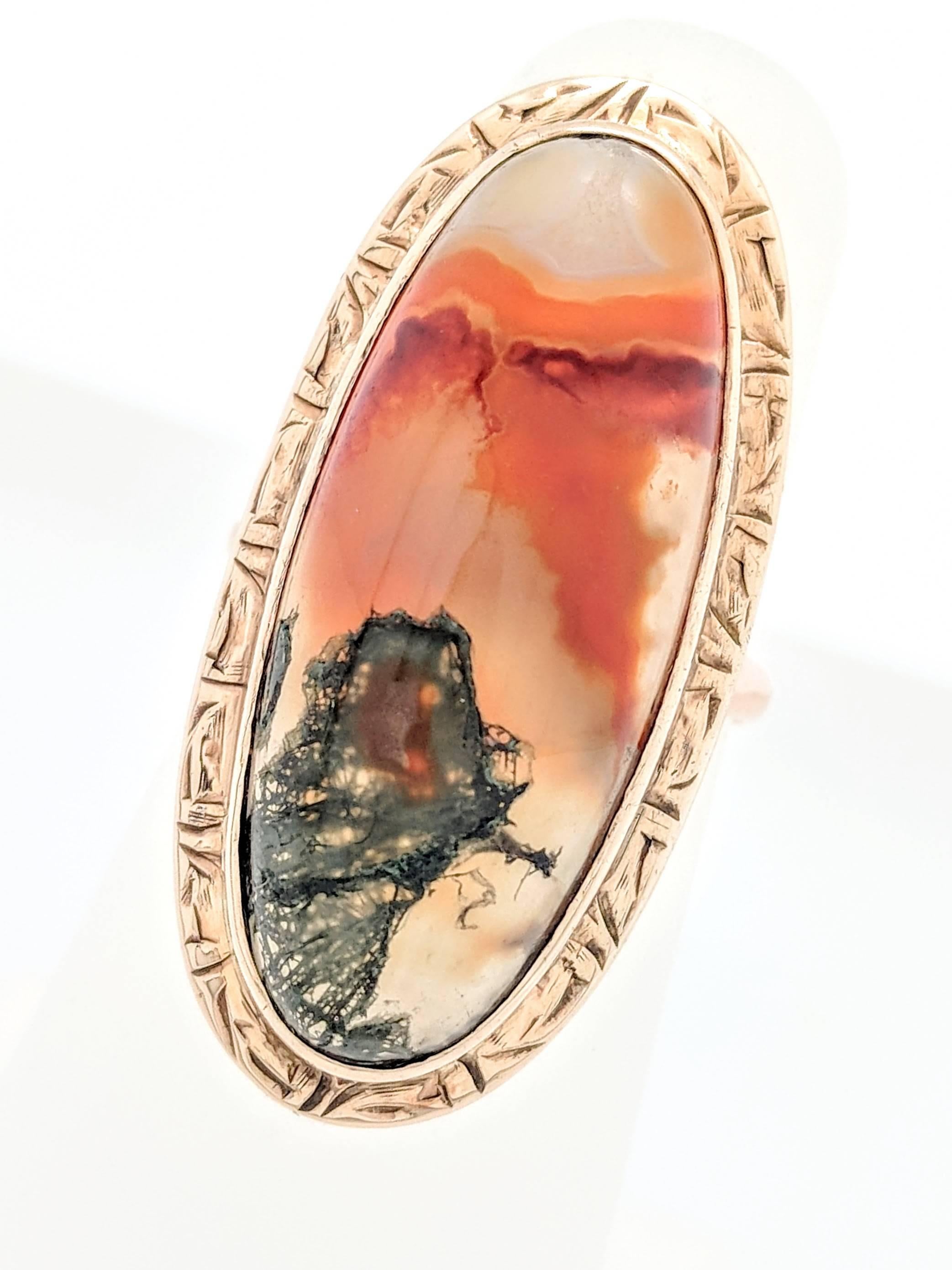 Vintage Ladies 10k Yellow Gold Bandit Agate Ring Size 5 1/2

You are viewing a beautiful bandit agate ring.  This ring is crafted from 10k yellow gold and weighs 6.2 grams.  It features (1) 27mm x 11mm natural oval shaped bandit agate gemstone. This