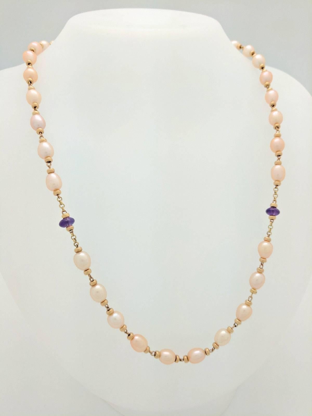 10K Yellow Gold Beaded 6.5mm Cultured Pearl & Amethyst Necklace 28