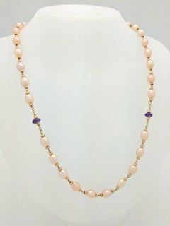 10 Karat Yellow Gold Beaded Cultured Pearl and Amethyst Necklace