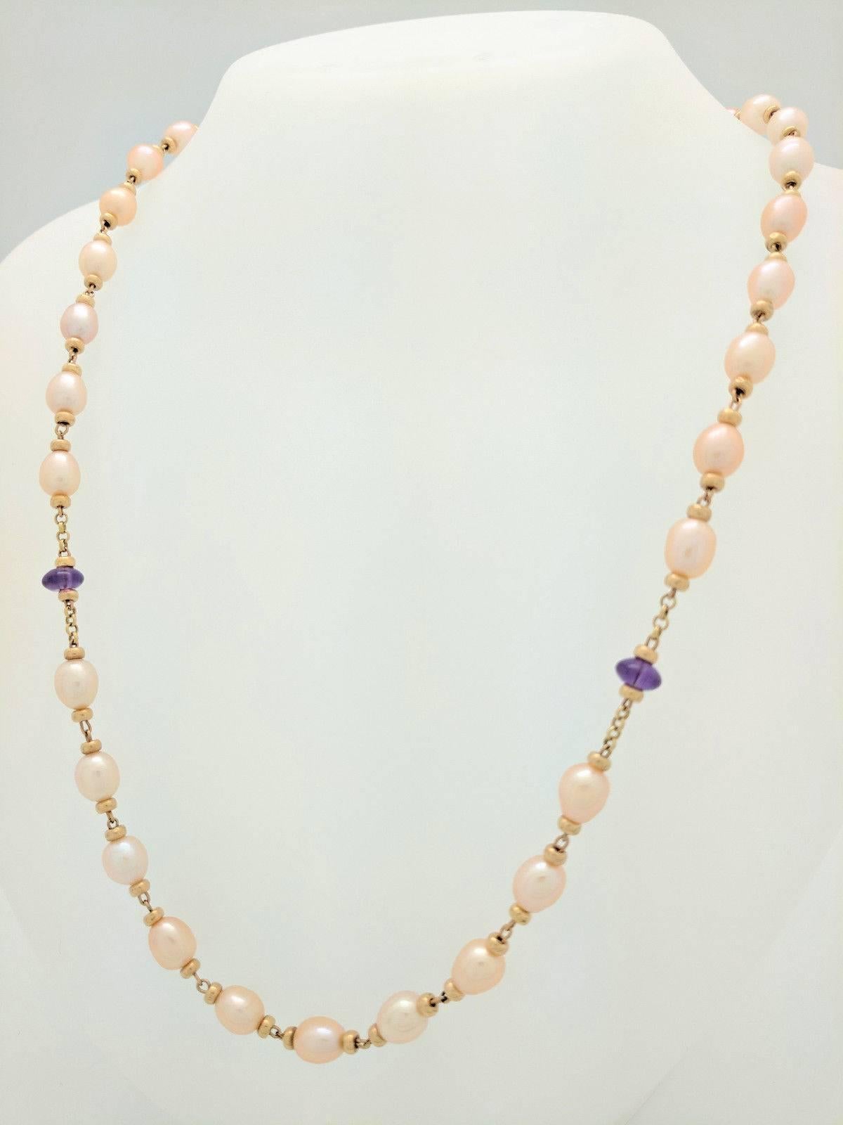 Early Victorian 10 Karat Yellow Gold Beaded Cultured Pearl and Amethyst Necklace For Sale