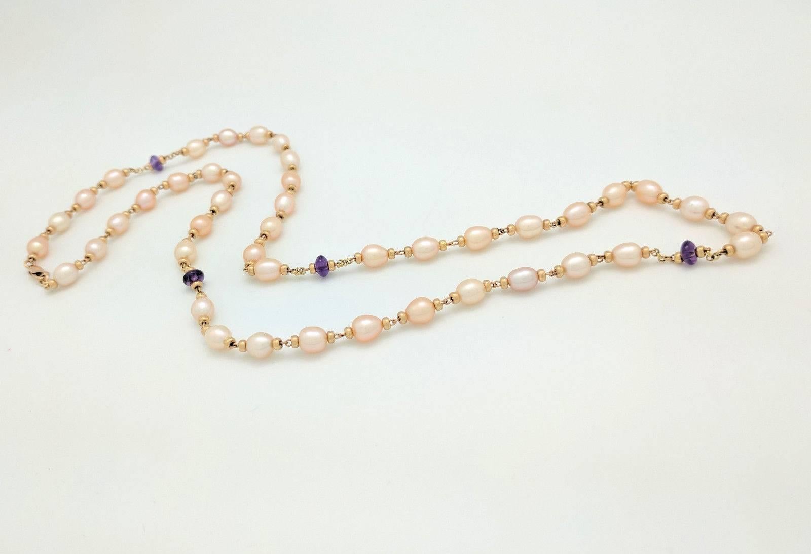 Round Cut 10 Karat Yellow Gold Beaded Cultured Pearl and Amethyst Necklace For Sale