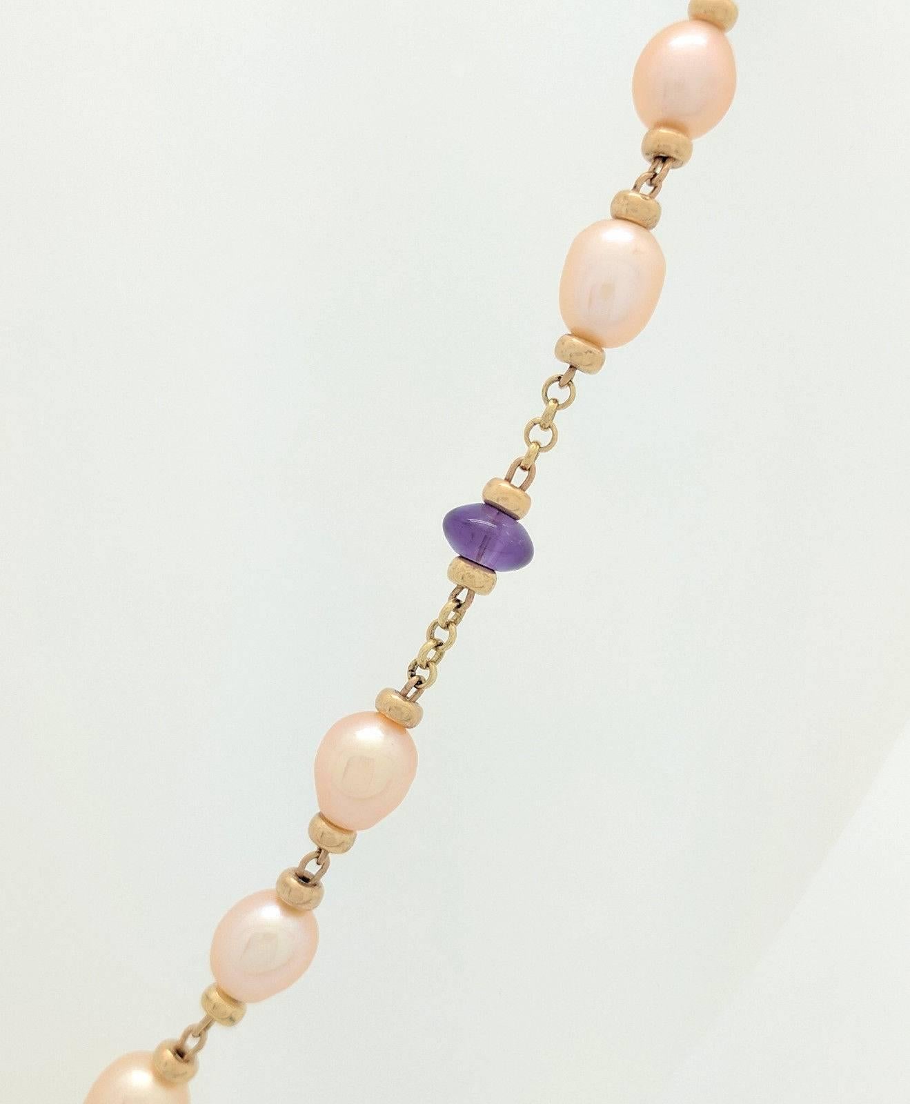 10 Karat Yellow Gold Beaded Cultured Pearl and Amethyst Necklace In Excellent Condition For Sale In Gainesville, FL