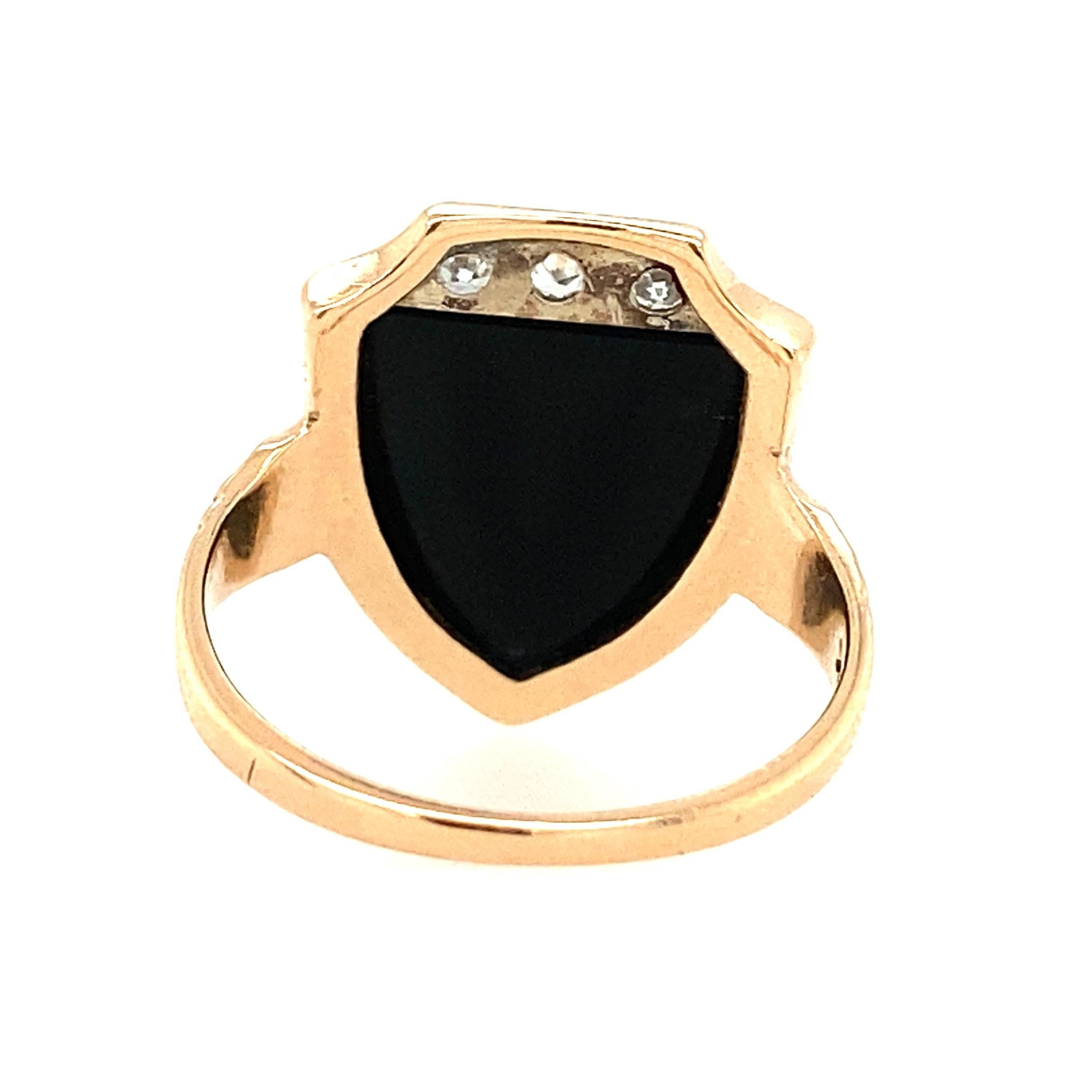 Art Deco 10k Yellow Gold Black Onyx and Diamond Shield Ring 1930s For Sale