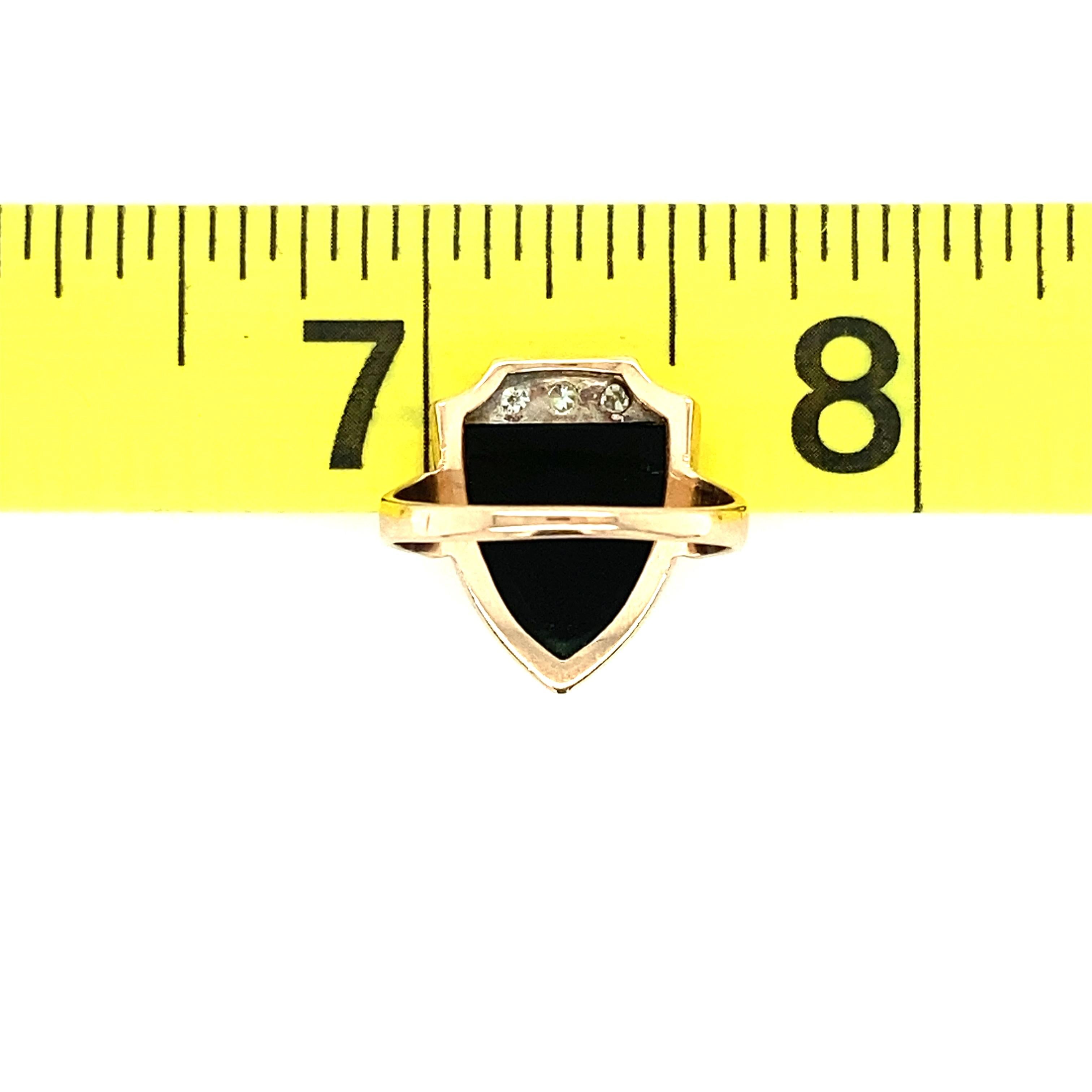 Women's or Men's 10k Yellow Gold Black Onyx and Diamond Shield Ring 1930s For Sale