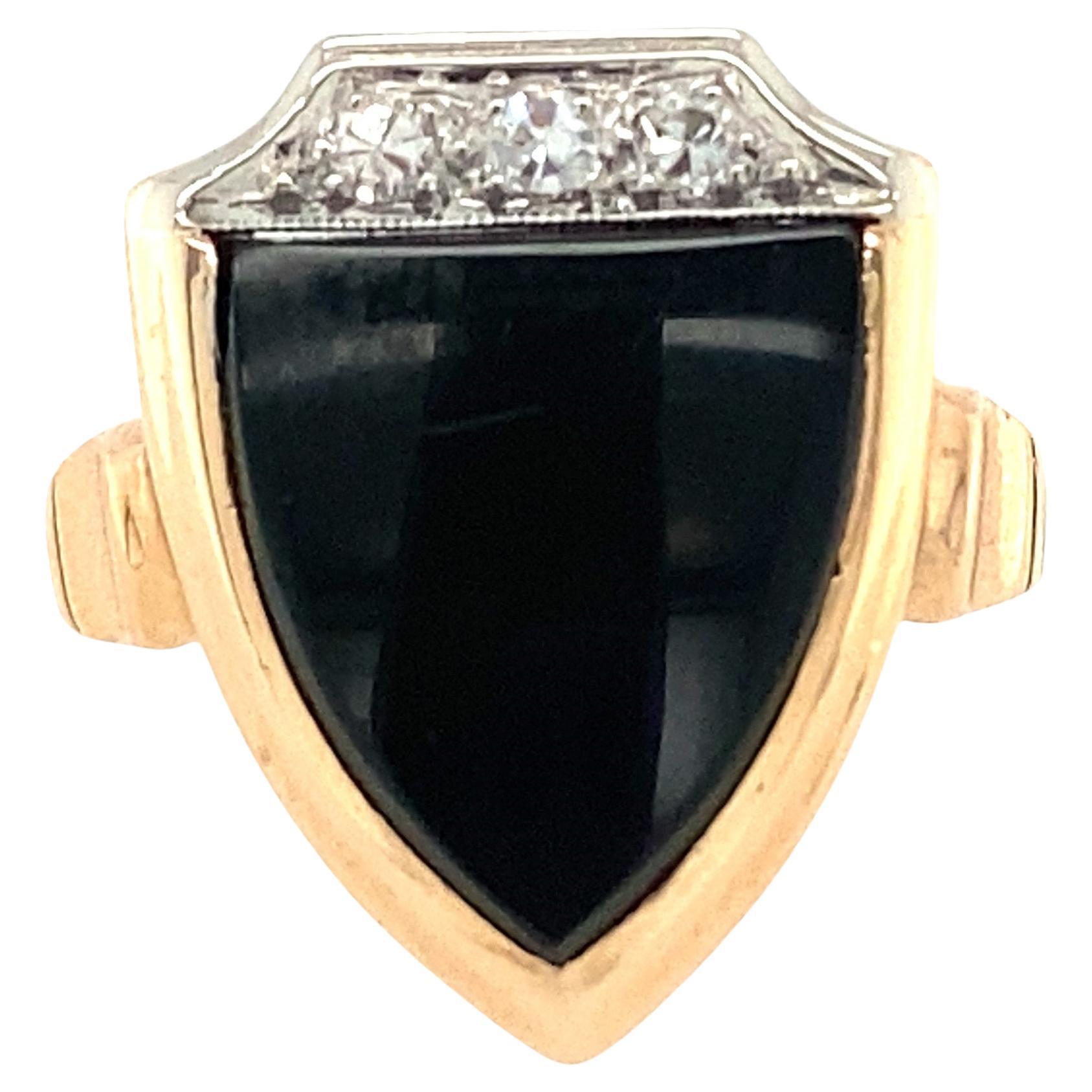 10k Yellow Gold Black Onyx and Diamond Shield Ring 1930s For Sale