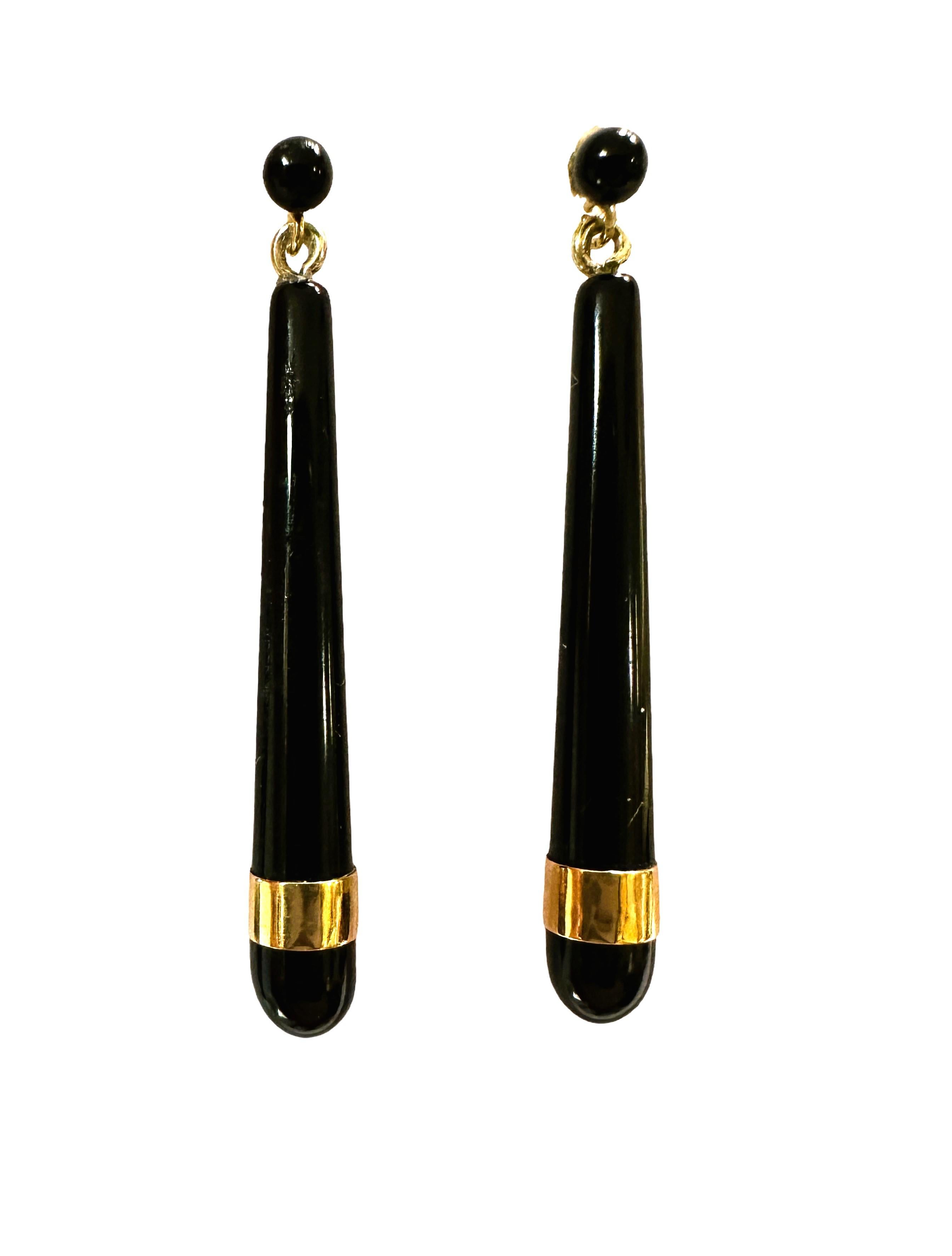 Art Nouveau 10k Yellow Gold Black Onyx Long Teardrop Earrings Marked