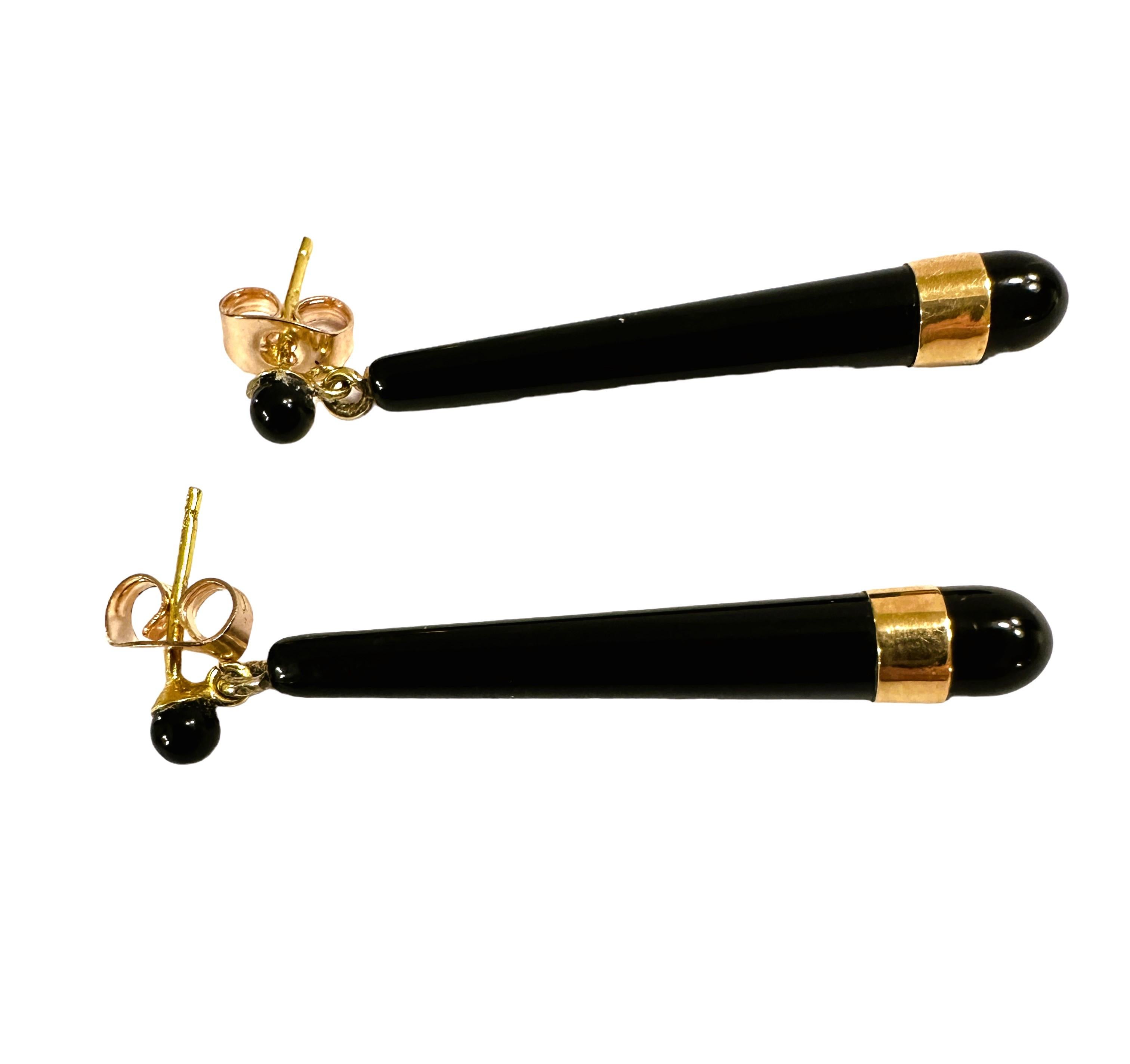 10k Yellow Gold Black Onyx Long Teardrop Earrings Marked In Excellent Condition In Eagan, MN